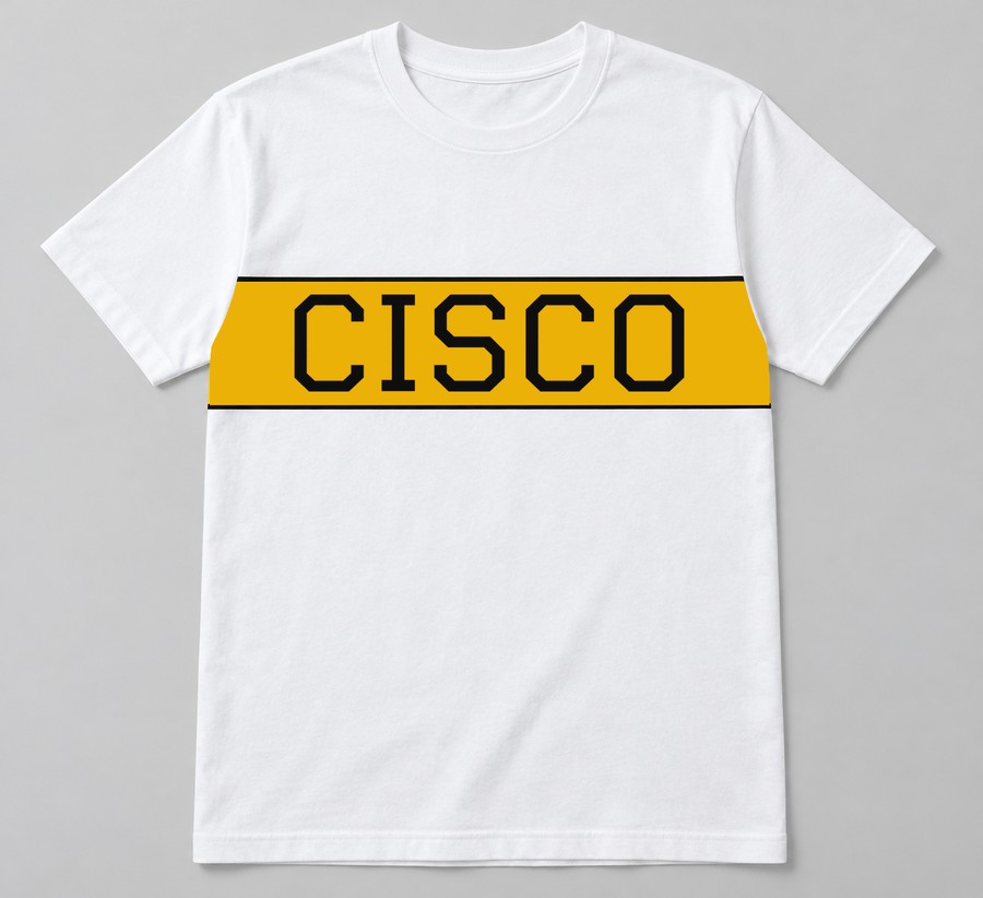 The Big Dam TX tee: a white tee with the yellow CISCO water-tower band across the chest